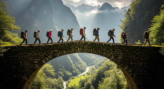 A line of hikers with backpacks crossing an ancient stone bridge over a lush green valley with a winding river and majestic mountains in the background.