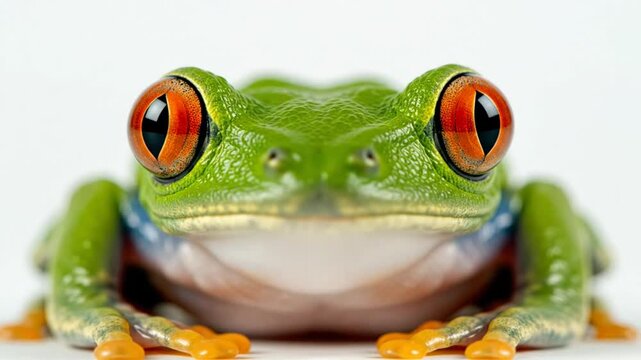 Close-up of a vibrant green tree frog with large, expressive orange eyes, facing the camera on a white background