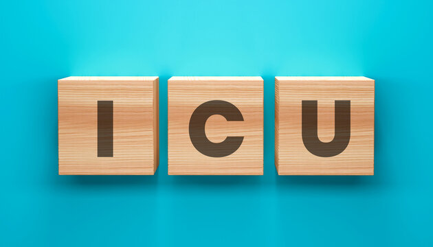 ICU blocks: The word ICU is spelled out on three wooden blocks, set against a calming blue backdrop, suggesting the focus on critical health