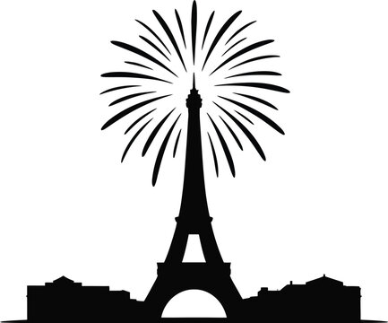 Silhouette of the eiffel tower in paris, france, with a vibrant firework display above and a subtle cityscape at its base, capturing the essence of parisian celebrations and landmarks