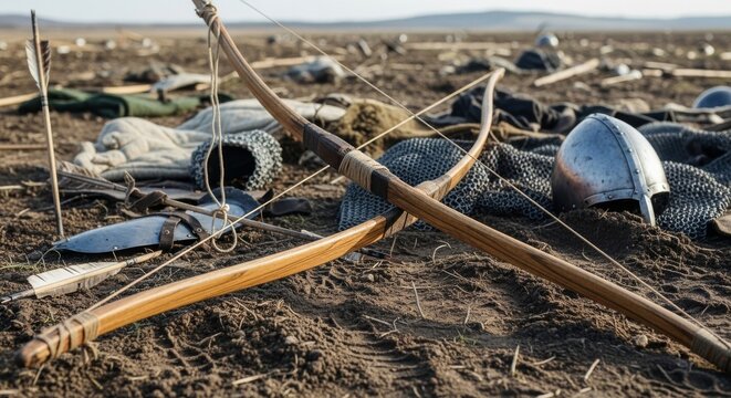 Broken wooden longbow and scattered medieval gear on battlefield