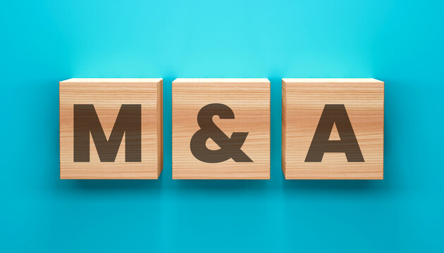 M&A Wooden Cubes: Three wooden cubes, etched with the letters M, &, and A, stand prominently against a vibrant, solid backdrop.