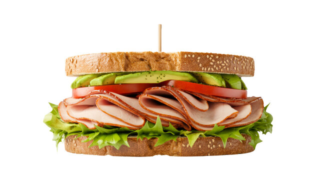 Freshly prepared turkey sandwich featuring sliced avocado tomato and crispy green lettuce layered between toasted wheat bread slices on transparent background