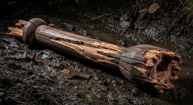 Broken Wooden Mace on Muddy Ground