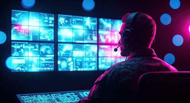 A man in a headset sits in front of a bank of computer screens displaying various images.