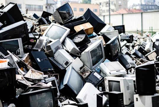 Pile of discarded CRT monitors and computer equipment in a recycling yard, e-waste