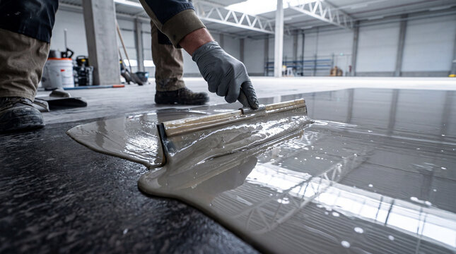 A diligent worker applies a smooth self leveling compound across a wide warehouse floor