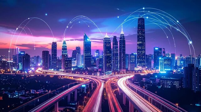 Futuristic Cityscape at Night with Neon Lights and Digital Connectivity.