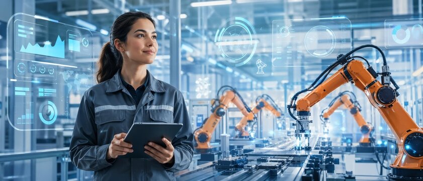 Female industrial engineer supervising robotic arms in a smart factory, illustrating automated manufacturing, real-time monitoring software, Industry 4.0 workflow, and future production systems