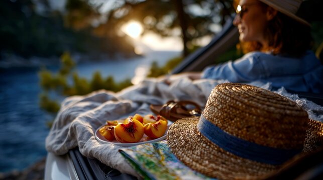 Coastal vacation start with open car trunk and travel essentials at sunset