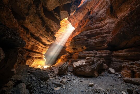 Sunbeams pierce through a narrow canyon, illuminating textured rock walls and a rocky floor.