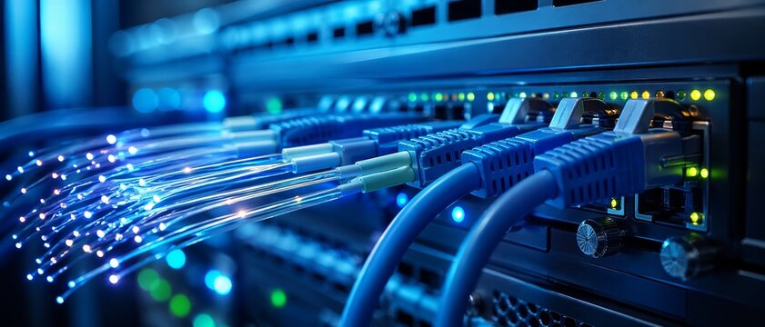 Close-up fiber optic and ethernet cables connected to networking ports for internet and telecom infrastructure, highlighting server performance, secure infrastructure, and reliable digital operations