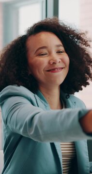 Woman, handshake and happy with celebration at office for applause, goals or thanks at insurance company. People, shaking hands and excited for deal, feedback and praise at risk management agency