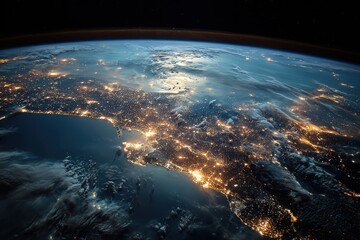 Fototapeta premium Nighttime Earth from Space: Glowing Urban Lights Over Ocean