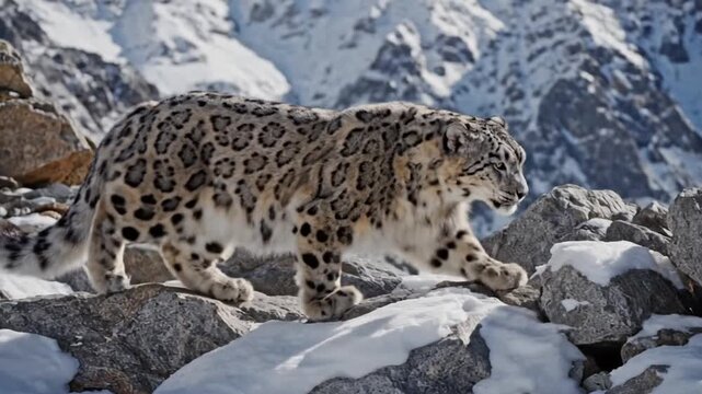 Snow Leopard Walking on Snowy Rocky Mountain Slope