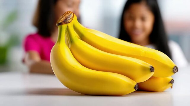 Tracking shot of bananas on kitchen table as children reach forward blurred in background during daytime family scene