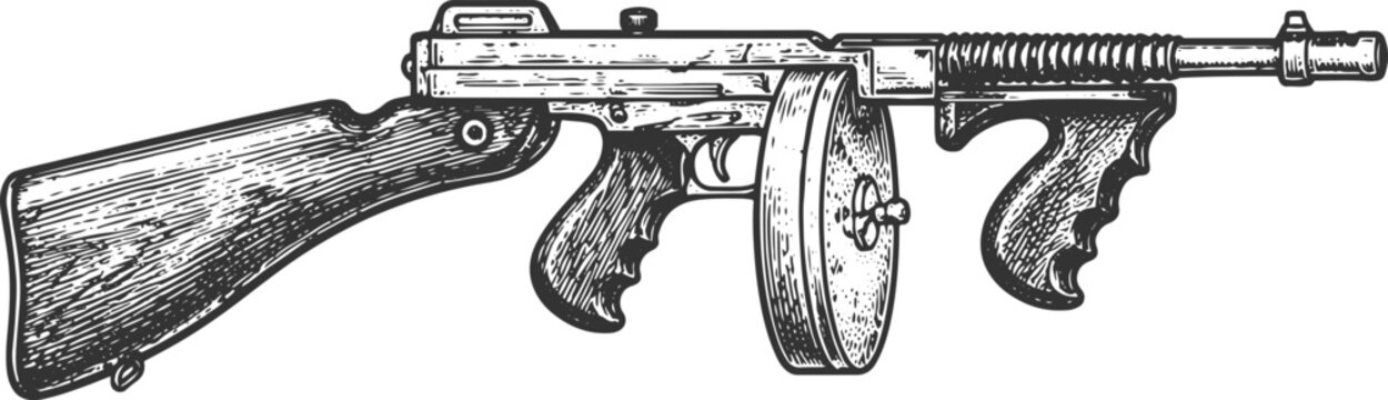 Vintage Submachine Gun with Drum Magazine Engraving Vector Illustration