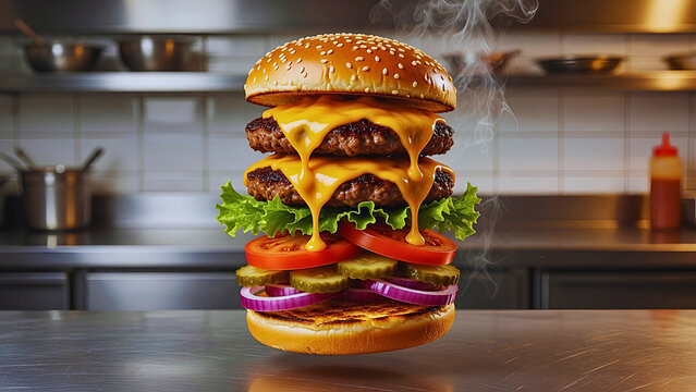 Premium Floating Double Cheeseburger with Thick Melted Cheese in Professional Kitchen