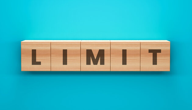 Wooden Blocks Spelling LIMIT: Five wooden blocks meticulously arranged to spell the word LIMIT, suggesting boundaries, restrictions, or the edge of possibility, against a vibrant azure backdrop. 