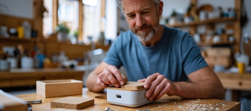 Product engineer installing biodegradable panel on household device in minimalist workshop