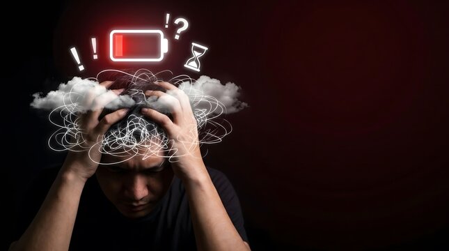 Conceptual professional male displaying low battery icon and mental fog to address corporate burnout for employee wellness initiatives