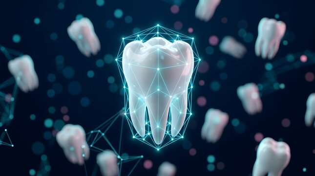 Conceptual molar tooth within cyan mesh grid visualizing diagnostic data to optimize restorative dentistry on a dark blue network.