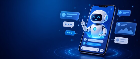 Plakat AI chatbot shown as a robot above a smartphone screen, answering user questions in a mobile messenger interface and representing online artificial intelligence communication.