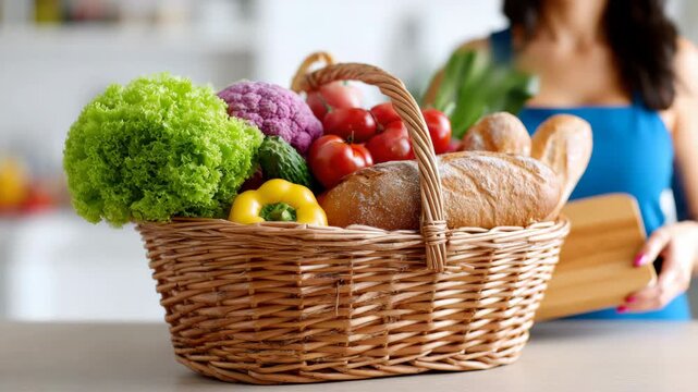 Tracking shot of basket of fresh groceries with woman placing cutting board on kitchen countertop in home interior