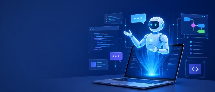 Artificial intelligence chatbot assists a programmer by emerging from a laptop screen, helping generate software code and illustrating modern AI supported development and coding workflows.