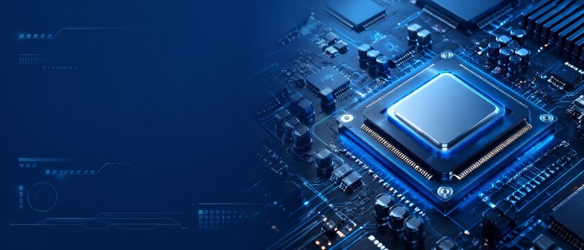 Abstract CPU and microchip concept with electronic components on a motherboard, illustrating computer processor technology, hardware engineering, device development, and AI systems.
