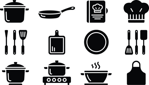 Comprehensive collection of kitchenware icons for modern culinary design projects and restaurant menu branding layout elements