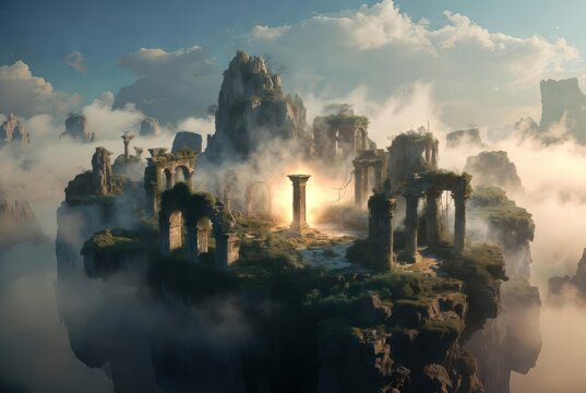 Ethereal ancient ruins on floating islands shrouded in mist and bathed in golden light.