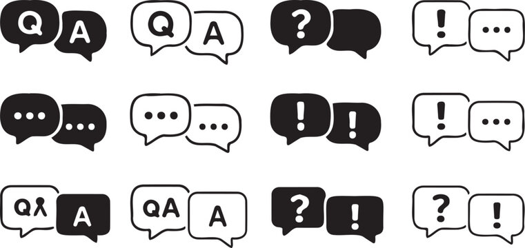 Comprehensive vector graphic illustration displaying a diverse collection of black and white speech bubble icons for questions, answers, alerts, and general communication design.