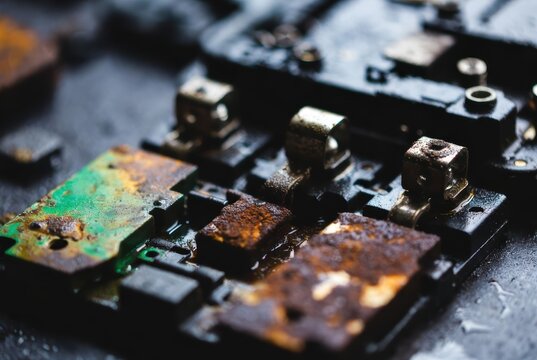Close-up macro shot of a corroded and damaged electronic circuit board with water droplets