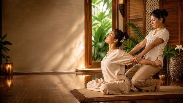 Traditional Thai Yoga Massage Session in Warmly Lit Spa Environment
