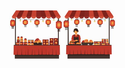 Obraz premium Chinese Street Market Stalls Vector Illustration with Red Lanterns