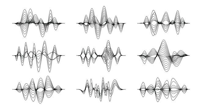 Grid of nine black and white sound wave or audio signal visualizations with varying frequency patterns and wave shapes.