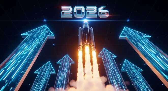 Futuristic 2026 countdown rocket launch with glowing neon arrows and digital display