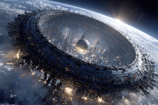 Futuristic space ring city orbiting Earth