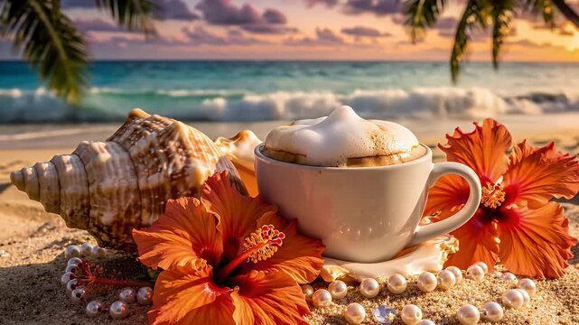 A Tranquil Beachside Coffee Scene Adorned with Pearls, Shells, and Hibiscus