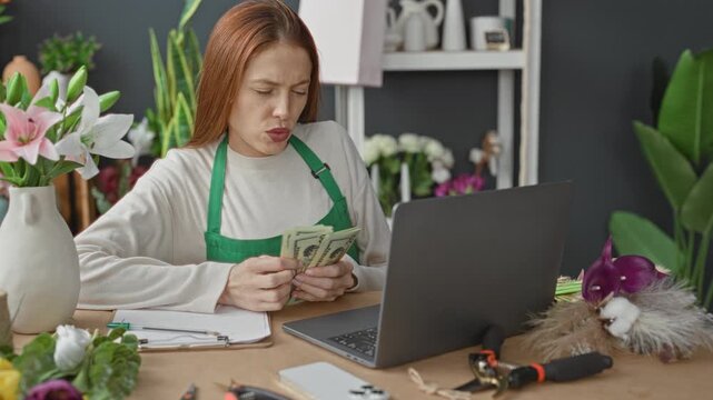 Woman florist in apron counts cash, checks totals and types numbers at laptop in a studio; small business stress.