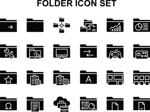 Collection of diverse folder icons representing file management organization and computing tasks for modern software interfaces