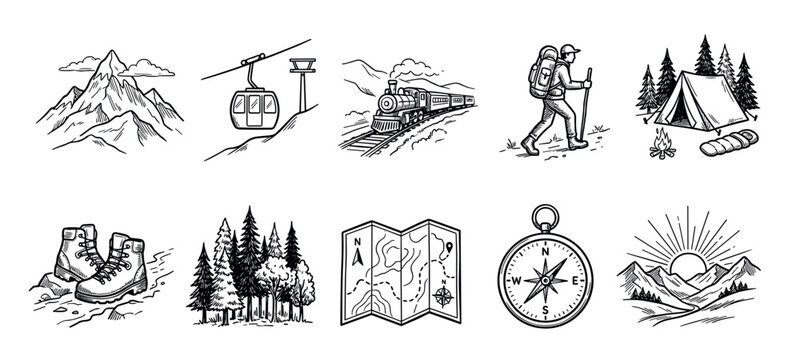 Collection of hand-drawn hiking and camping icons featuring a mountain, tent, compass, map, boots, and train in a vintage sketch style for adventure travel concepts