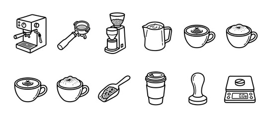 Set of black and white coffee icons showing barista equipment in a minimalist isometric line art style, including an espresso machine, grinder, portafilter, tamper, and cups