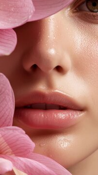 Moist skin close up with soft pink flower petals and natural lips glowing with subtle moisture, video.