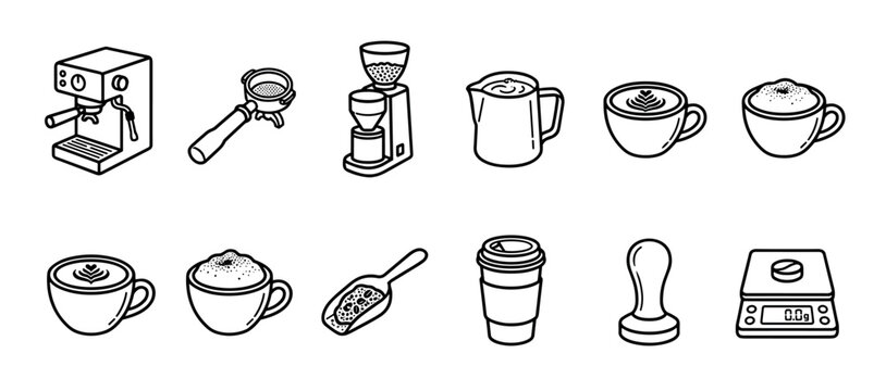 Set of black and white coffee icons showing barista equipment in a minimalist isometric line art style, including an espresso machine, grinder, portafilter, tamper, and cups