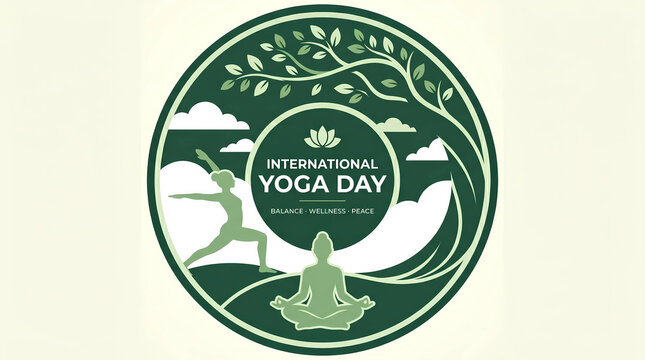 International yoga day logo with silhouettes and nature elements