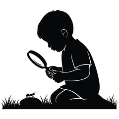  Little boy silhouette observing an ant through a magnifying glass