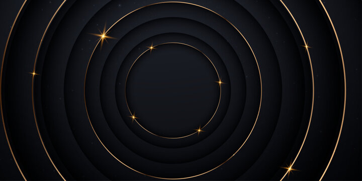 Abstract black and gold luxury vector background with abstract gold dots and shining golden lines.