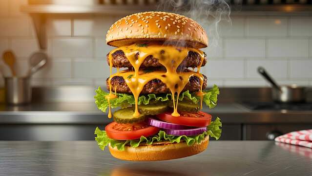 Dramatic Double Cheeseburger with Generous Melted Cheese and Fresh Herbs Floating